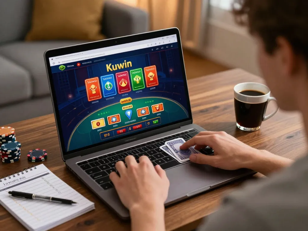 Kuwin player focuses on a laptop showing live dealer game, enjoying a cozy online gambling experience.