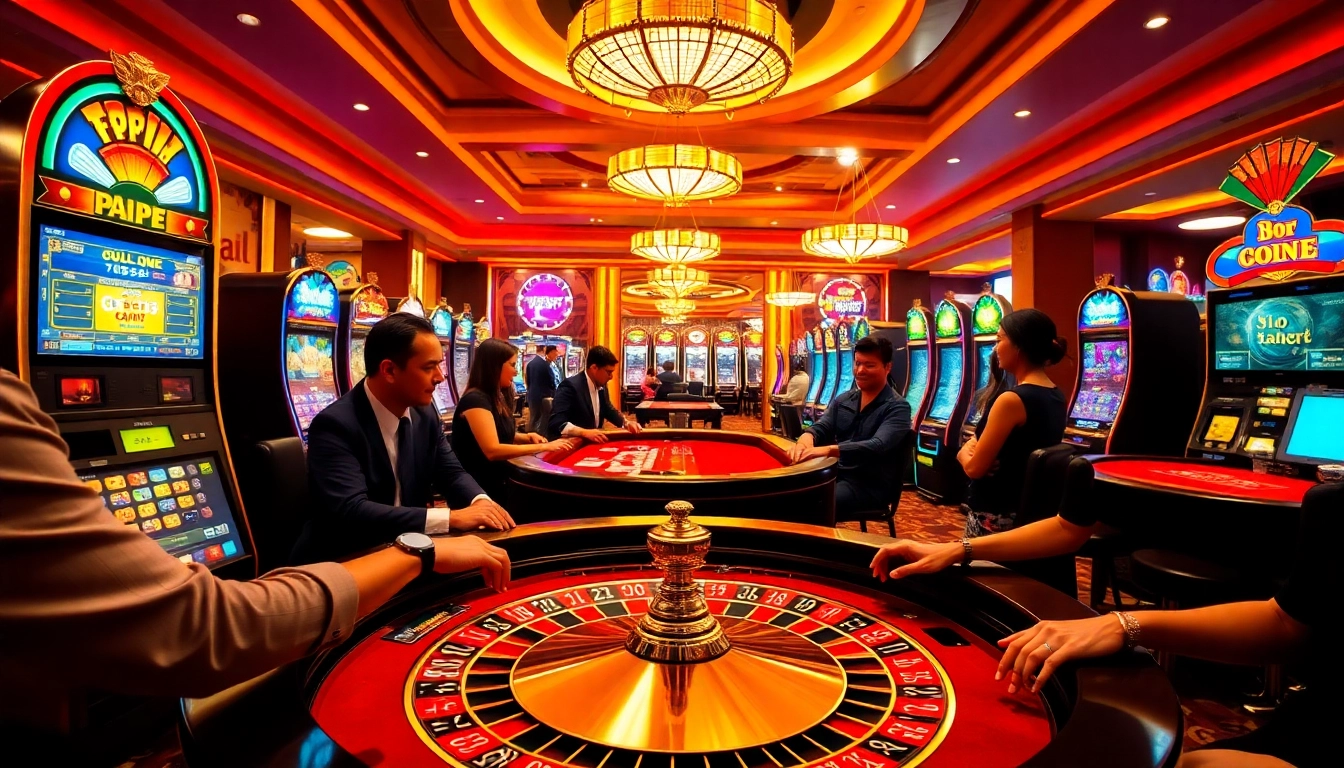 Experience excitement at U888's vibrant casino with players placing bets at roulette and colorful slot machines.