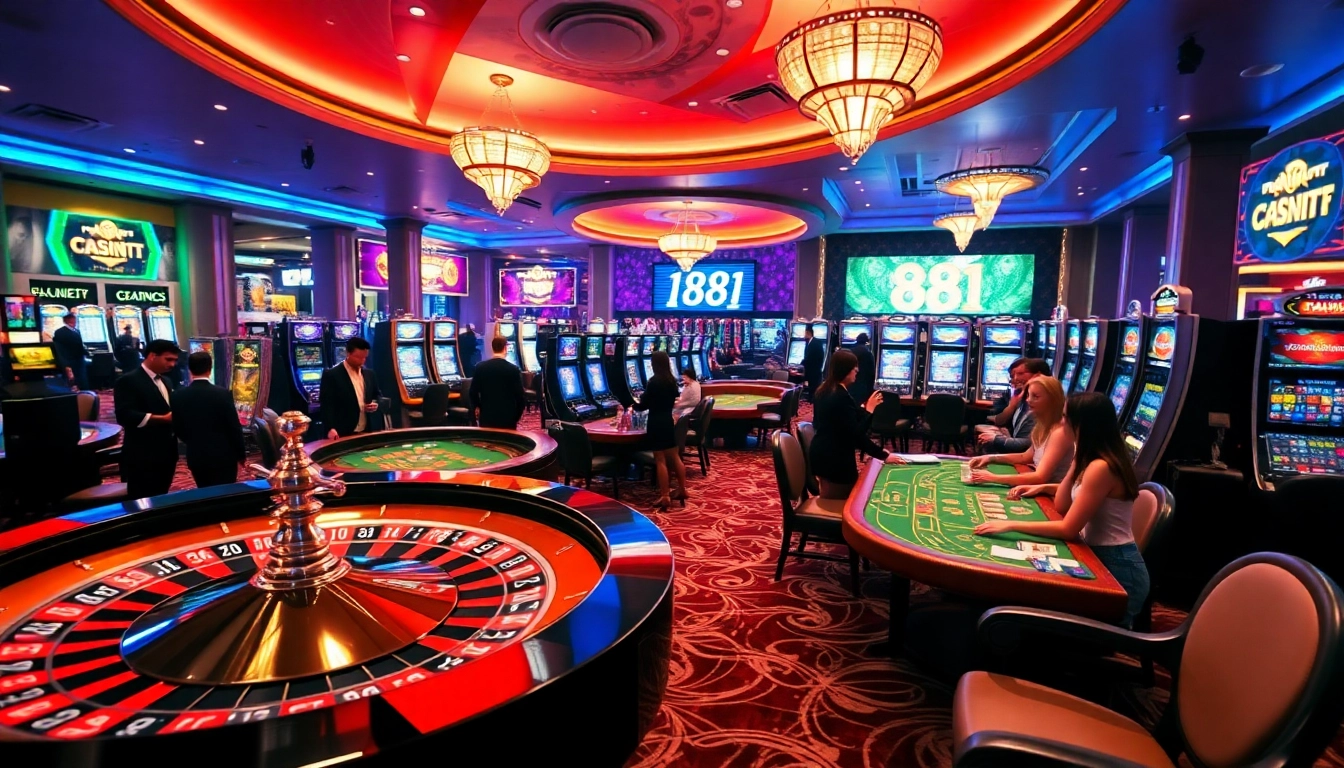 Exciting gaming action at 88I's luxurious casino, featuring roulette, poker, and slot machines.