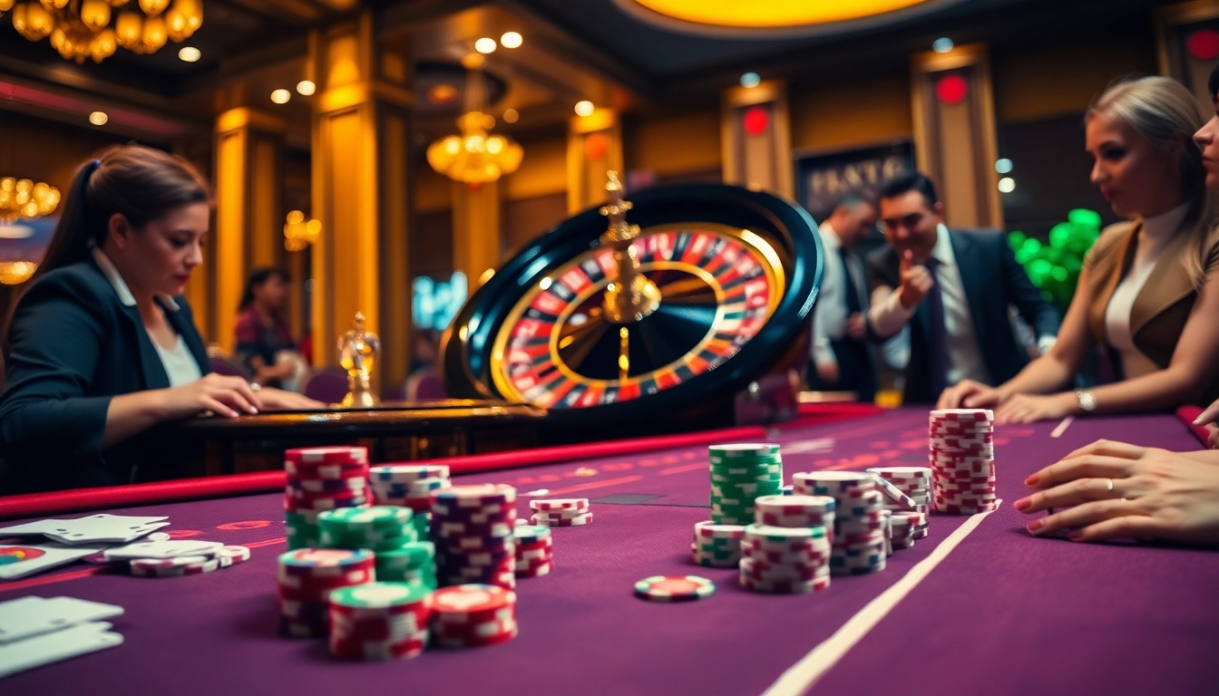 Experience the thrill of winning at https://b52.za.com/ with vibrant casino tables filled with chips and cards.