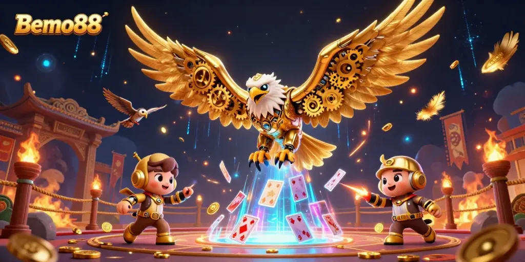 Engage in the thrilling world of Bemo88 with a dynamic illustration showcasing online gaming excitement.