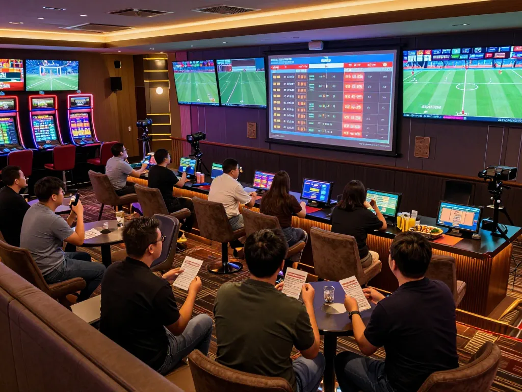 Dynamic scene of patrons engaging with kèo nhà cái trực tiếp in a buzzing sports betting lounge, screens displaying live odds updates.