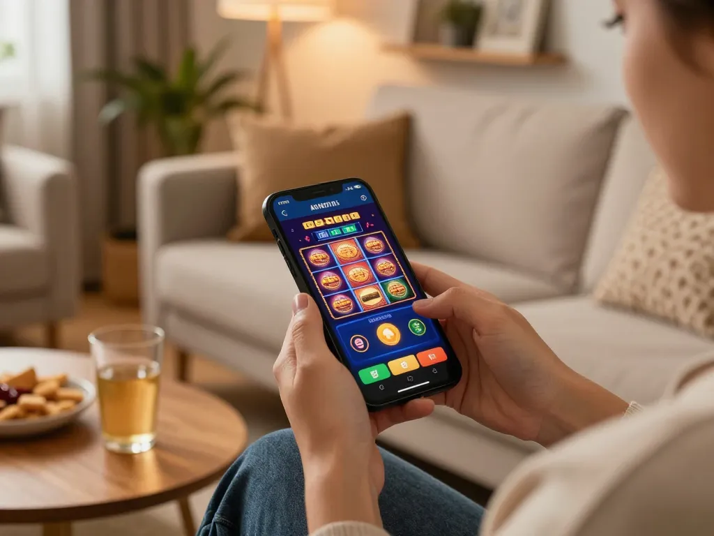 Momen permainan mobile yang menarik di https://www.achildsdreamnursery.com/ menunjukkan seorang pemain yang menggunakan smartphone untuk slot online.