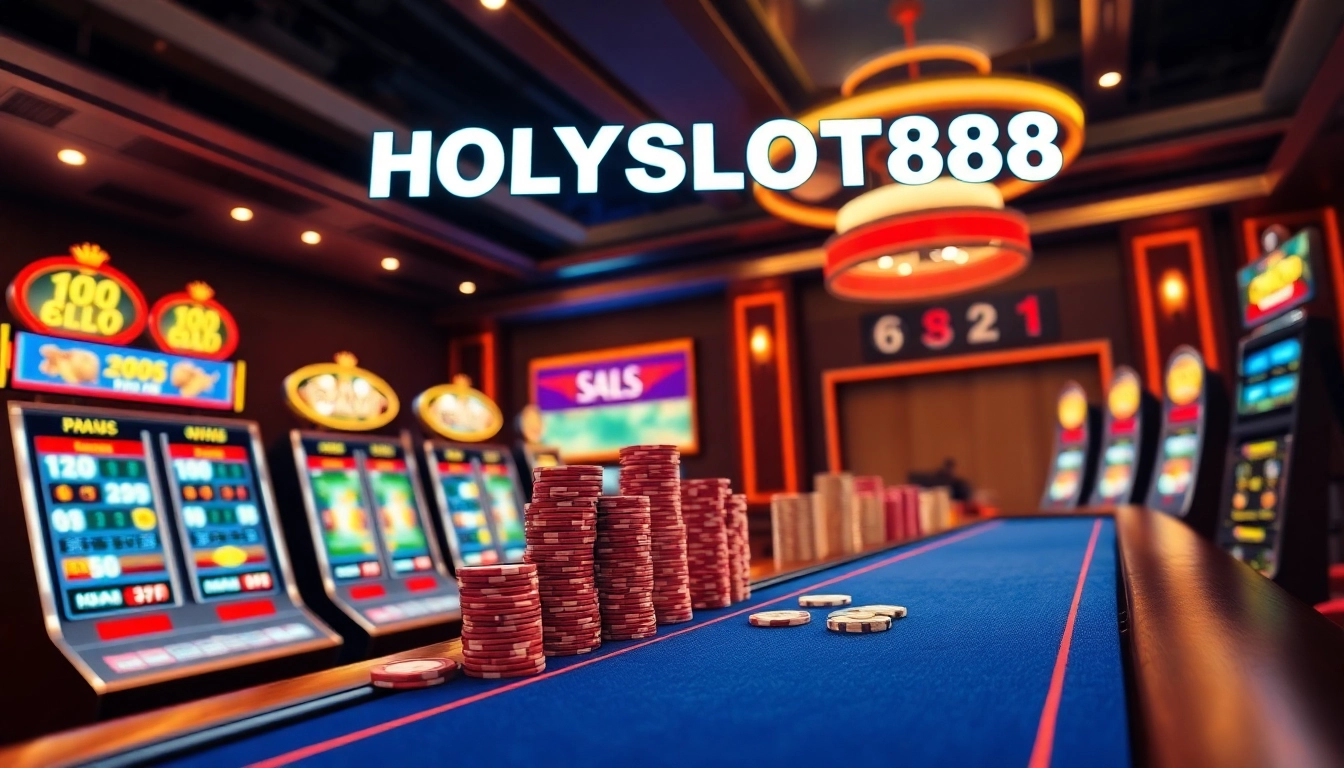 Experience thrilling gaming at HOLYSLOTS88 with vibrant slot machines and luxurious casino tables.