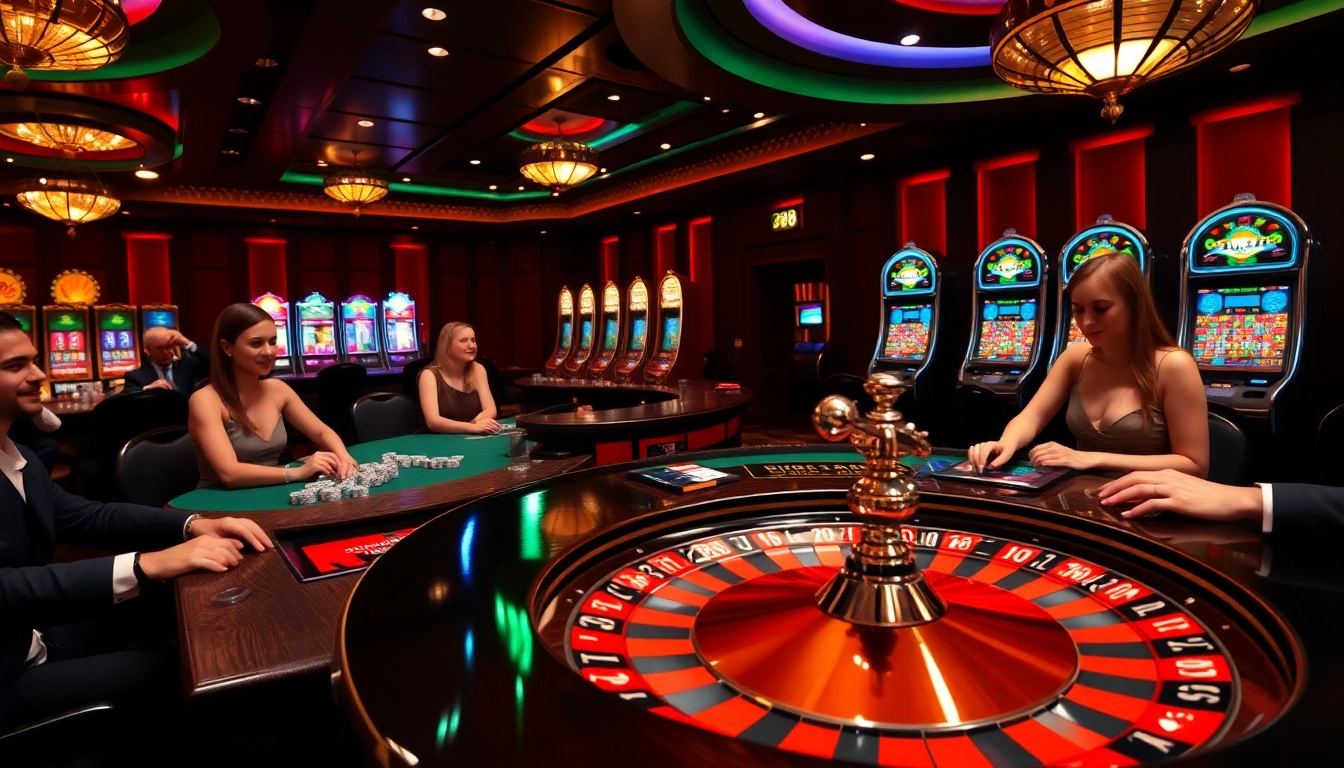 Experience the thrilling atmosphere of the j88 casino, featuring poker tables, roulette, and vibrant slot machines.
