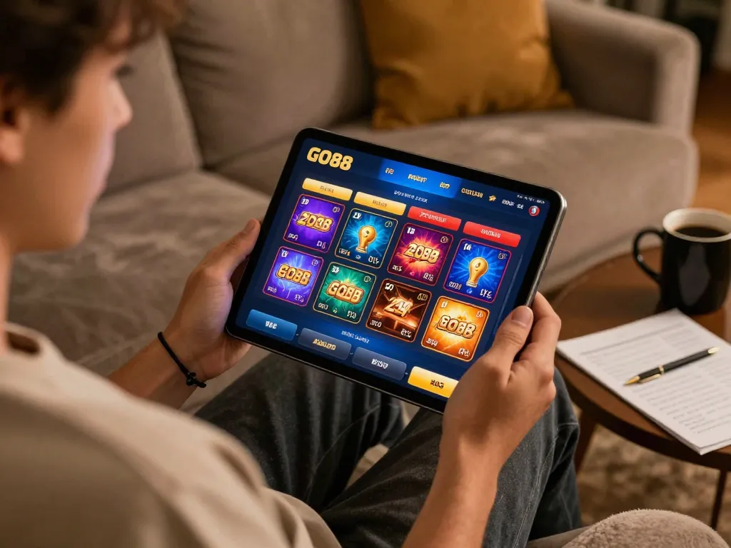 Enjoying the GO88 casino app while strategizing at home with a tablet and notes