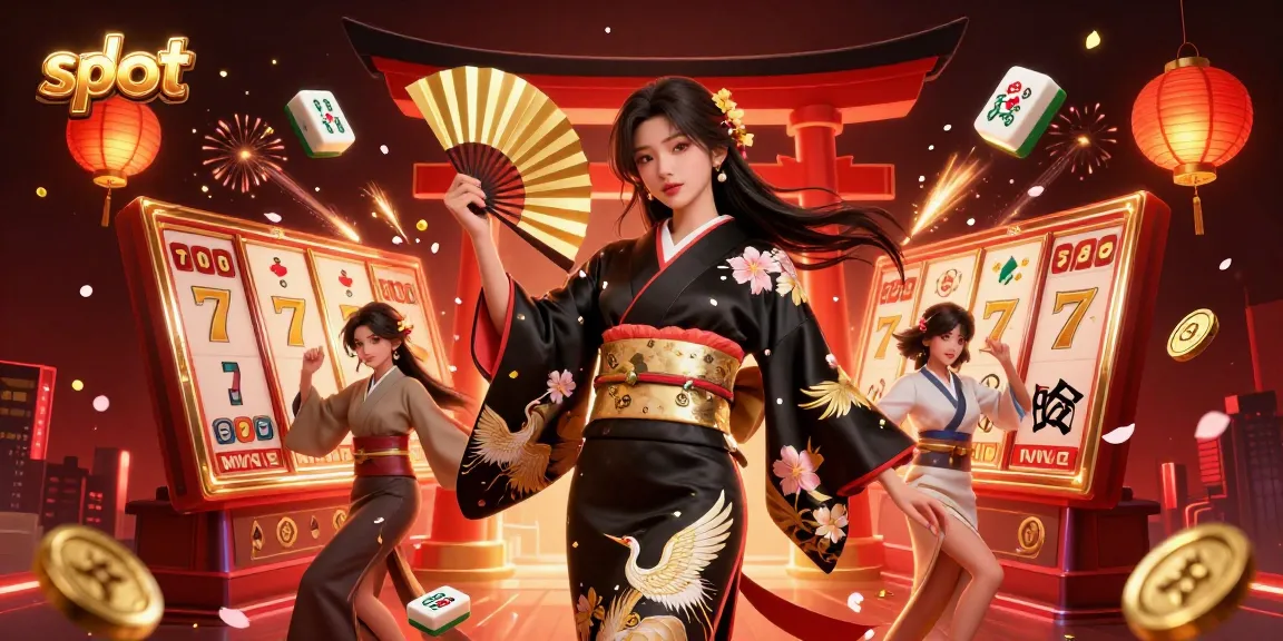 Play exciting slot games with a photorealistic Asian woman in a vibrant casino scene.