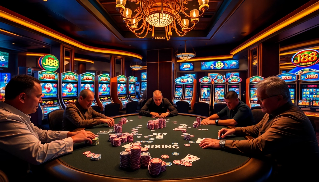 Play intense poker at a vibrant casino showcasing j88 themes and dazzling decor.
