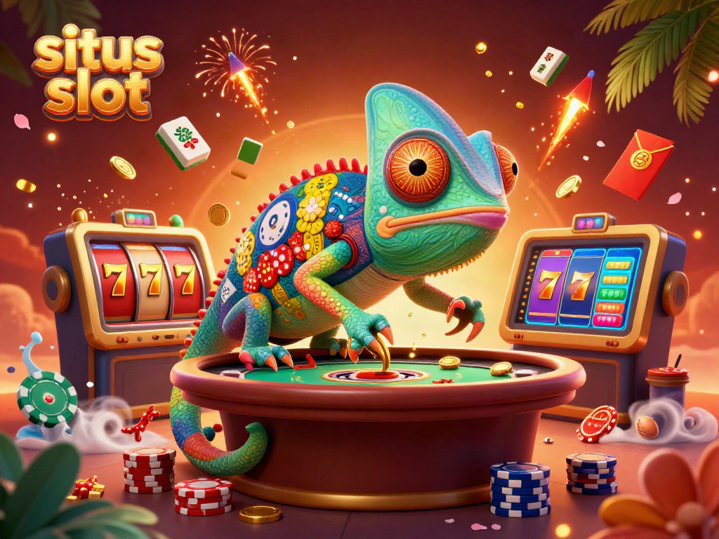 Engage in situs slot excitement with a color-shifting chameleon amidst a vibrant casino scene.