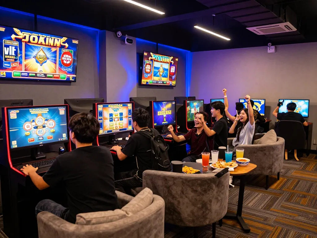Pemain merayakan kemenangan di lounge permainan selama slot gacor hari ini.
