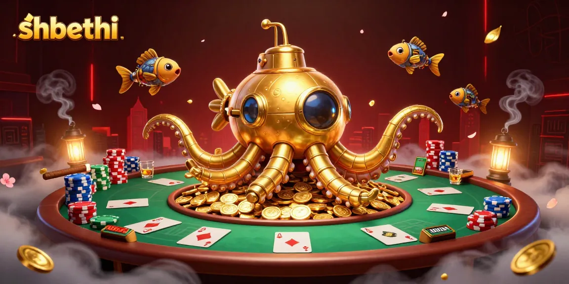 Engage in shbethi's exciting experience with a kraken submarine amidst vibrant poker elements in a colorful casino.