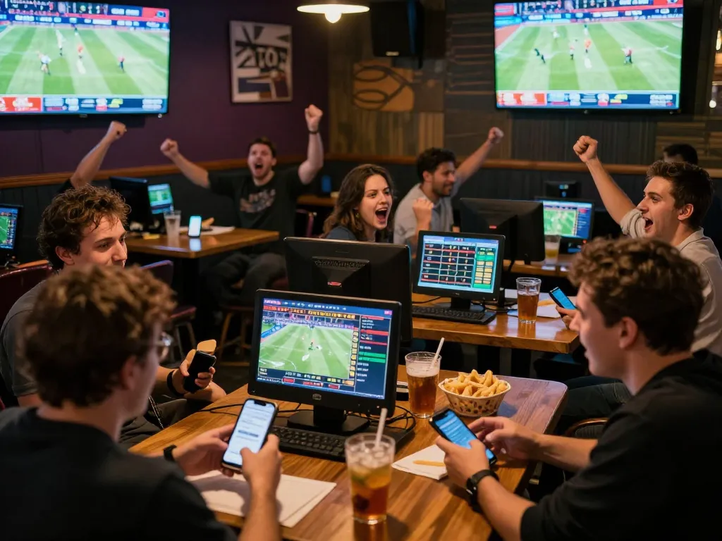 Excited patrons engaging in net88 sports betting at a lively bar, screens displaying live events