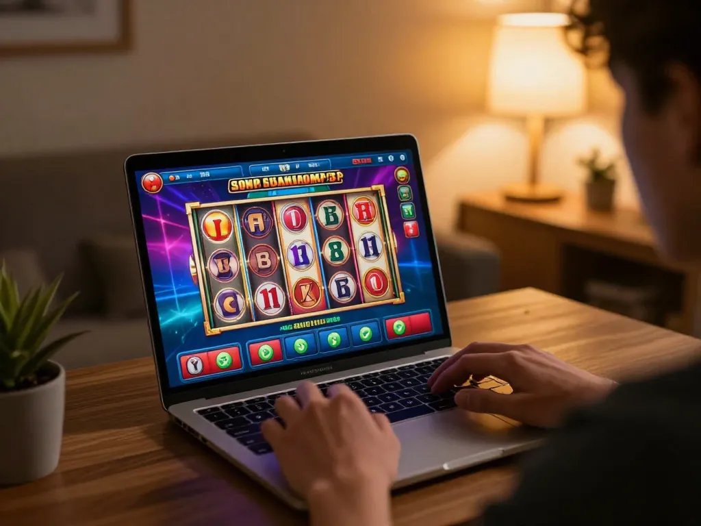 Player engaging with cm888 casino app on laptop in cozy home setting