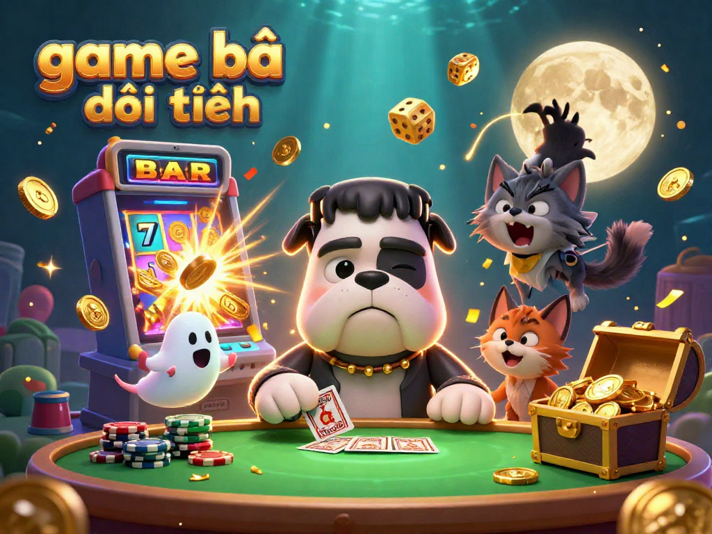 Experience the excitement of game bài đổi thưởng with a 3D cartoon scene featuring a vivid slot machine, lively characters, and casino elements.