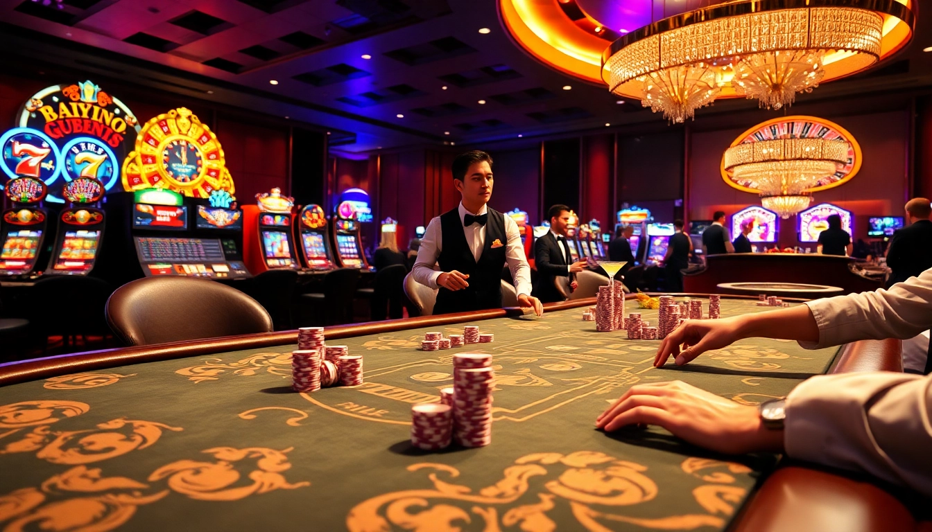 Thrilling moment at a casino showcasing nohu90i.com, with high-stakes poker and vibrant slot machines.