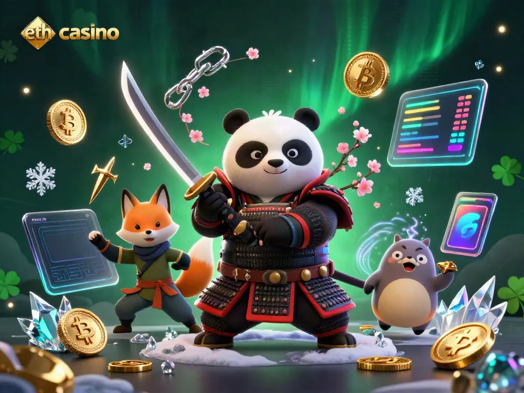 Engage in the eth casino experience with samurai panda and ninja fox surrounded by crypto elements.