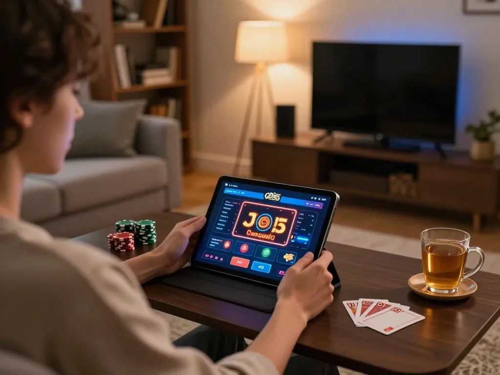 Engaging with the god55 online casino app on a tablet in a cozy home setting, showcasing strategic gameplay moments.