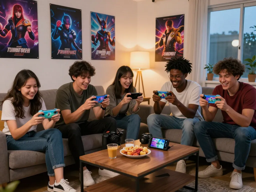 Exciting gaming night at https://www.achildsdreamnursery.com/ with friends playing mobile games in a cozy living room.