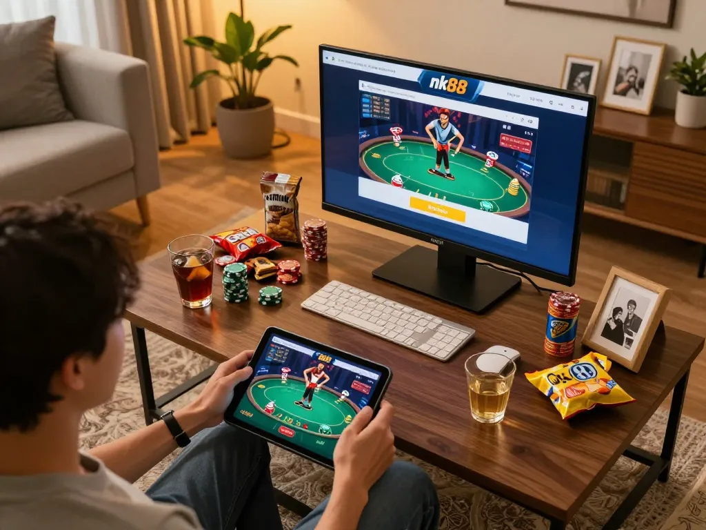 Engaging in nk88 đăng nhập for online gaming on a cozy home setup with poker game displayed.
