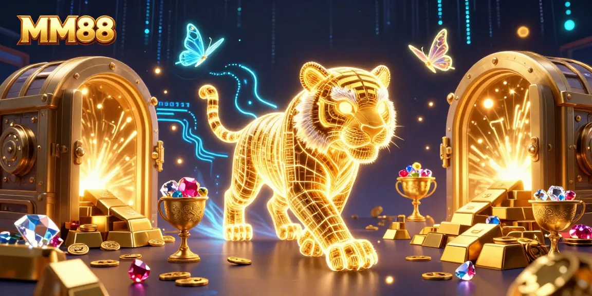 Experience thrilling MM88 casino gameplay with a vibrant neon tiger and dazzling treasures.