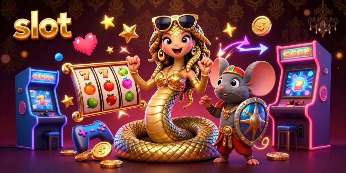 Spin vibrant slot machines with a friendly Medusa and a warrior mouse in a glowing casino scene.