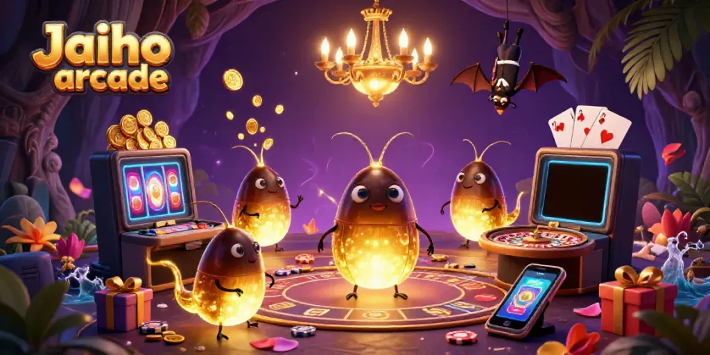 Experience exciting gaming with Jaiho arcade in a vibrant 3D casino scene featuring glowworms and games.