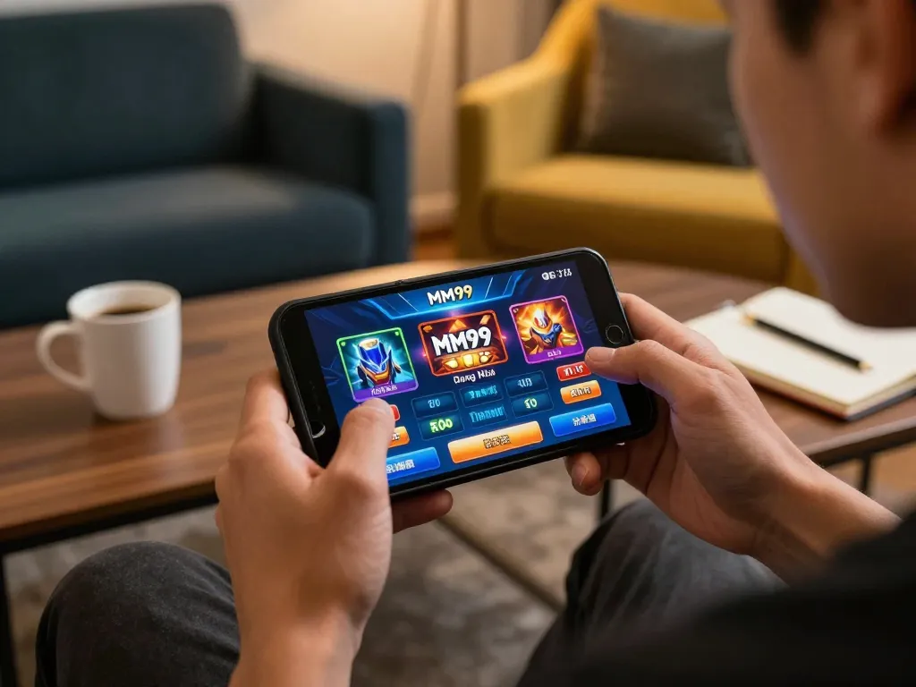 Engaging with MM99 Đăng Nhập on a mobile device in a cozy lounge setting.