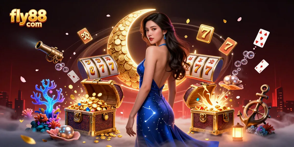 Engage in winning slots at fly88 com with an elegant Asian woman in a cosmic-themed casino illustration.
