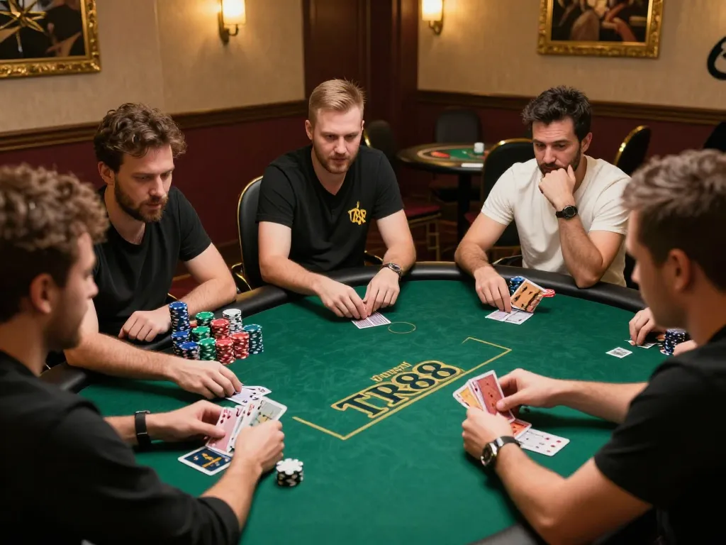 Players engaging in a high-stakes TR88 poker game, showcasing intense focus and strategy.