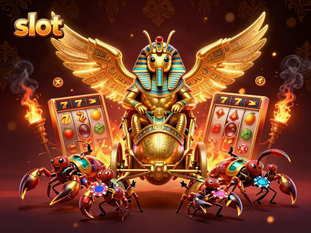 Slot ini menampilkan scarab emas dan simbol keberuntungan di latar belakang kasino.