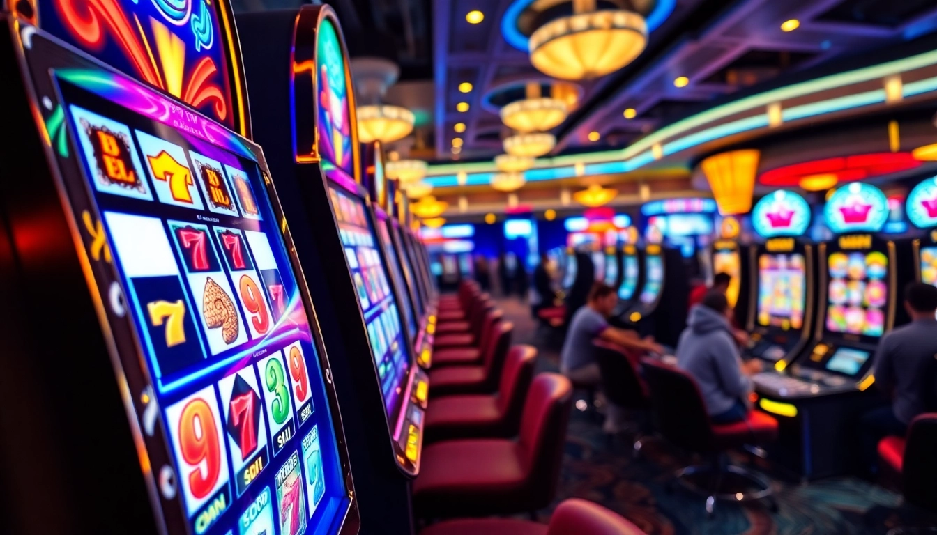 Slot Game menarik dengan mesin slot berwarna-warni di kasino yang ramai.