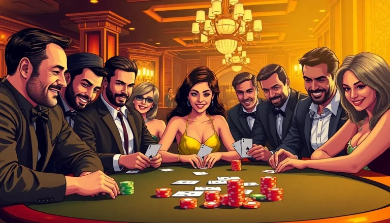 Engaged players at a poker game table, showcasing excitement and tension in a casino.