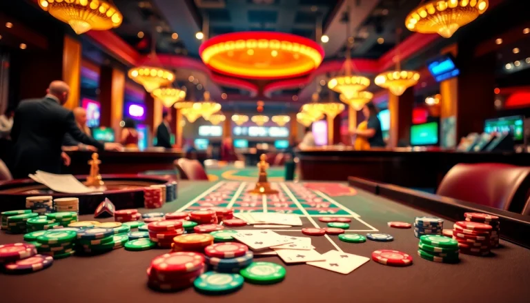 Engage in thrilling Casino games featuring colorful chips and lively players.