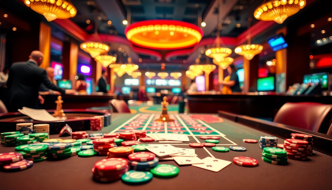 Engage in thrilling Casino games featuring colorful chips and lively players.