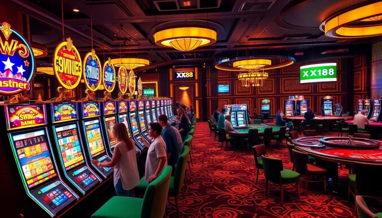 Gamblers enjoying excitement at the XX88 casino with vibrant slot machines.