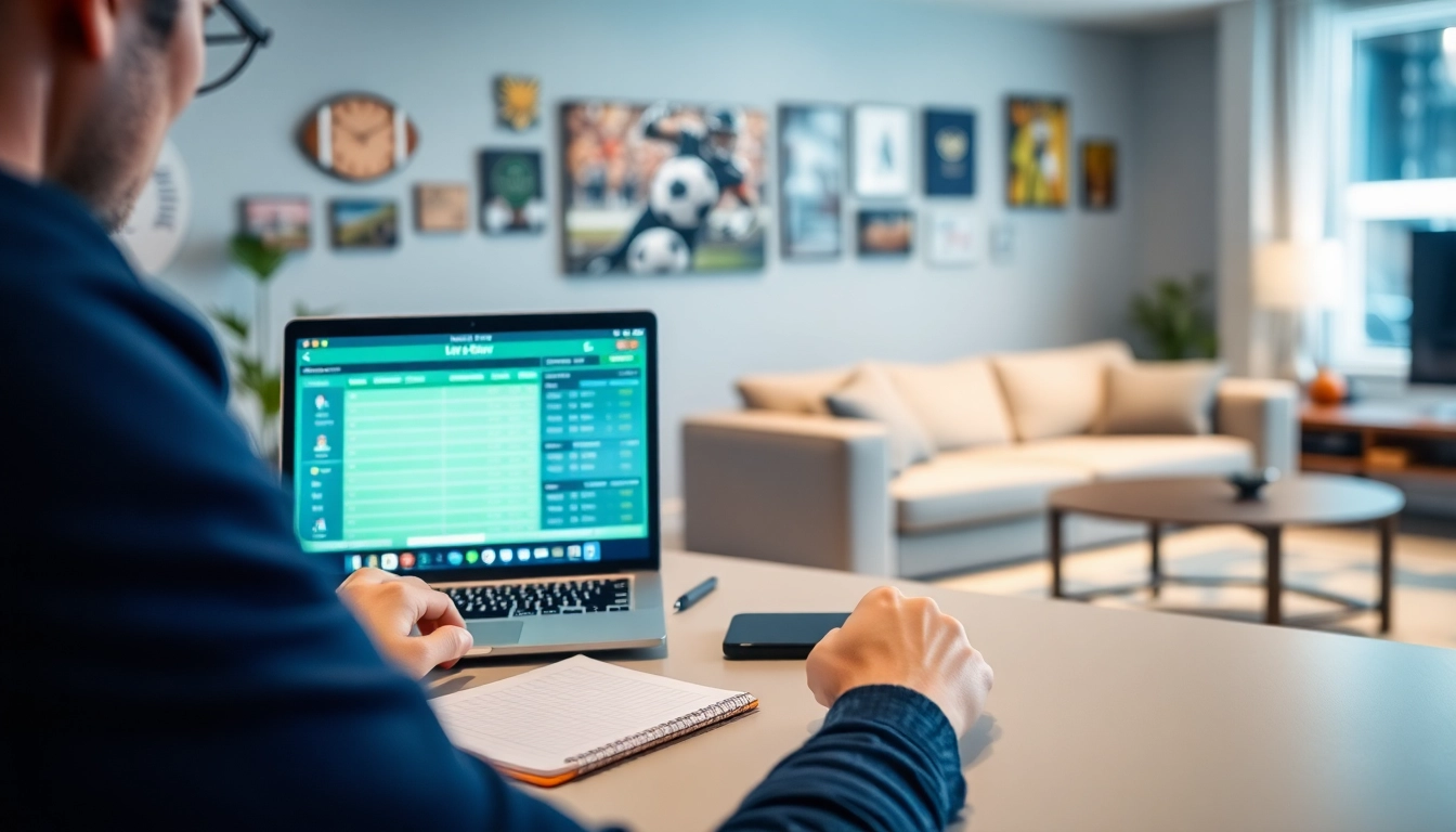 Engaged individual analyzing Sports Betting odds on a laptop with a notepad and sports memorabilia.