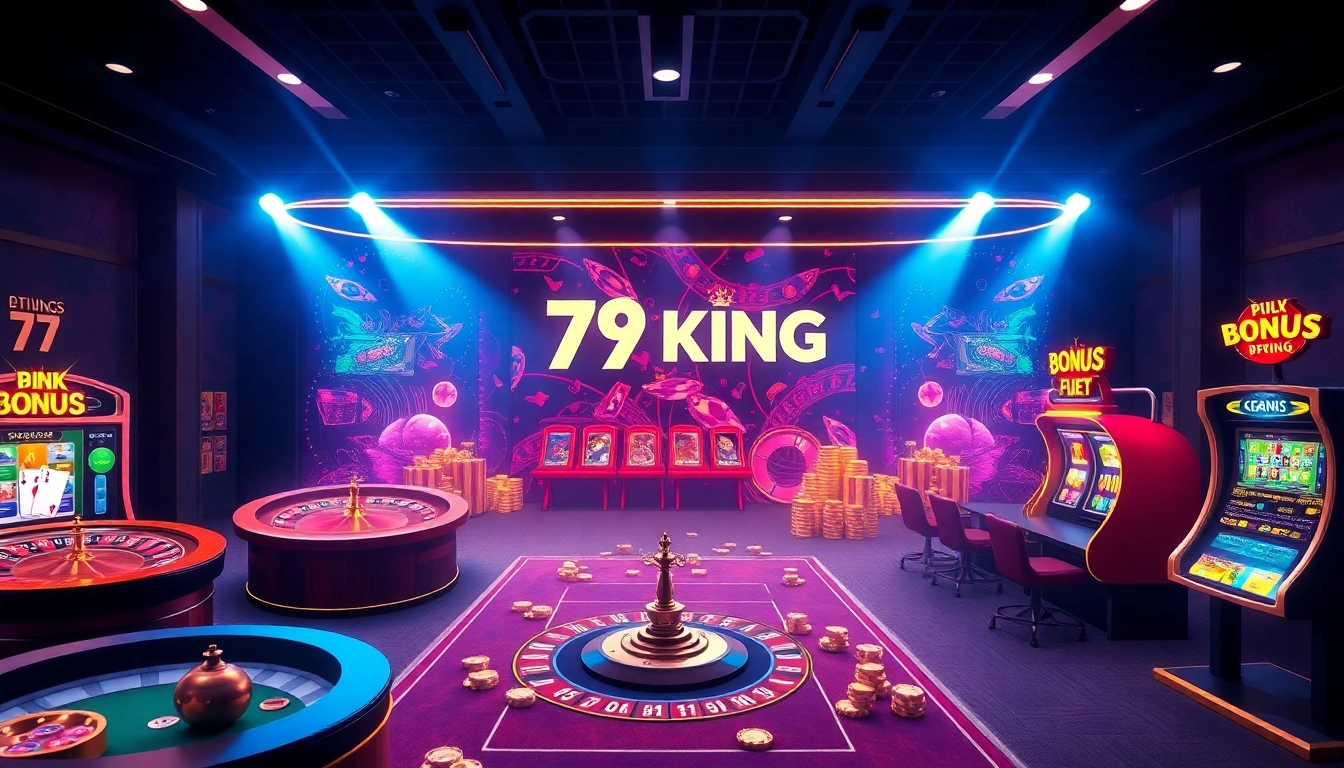 Interfaz de juego digital emocionante que representa a 79king hn con coloridas máquinas tragamonedas y elementos de casino.