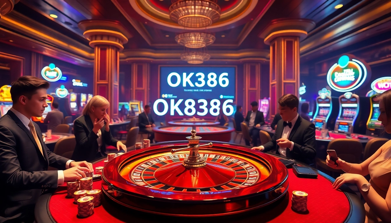 Gambers enjoying a thrilling game at a luxurious casino featuring OK8386 roulette table and vibrant poker chips.