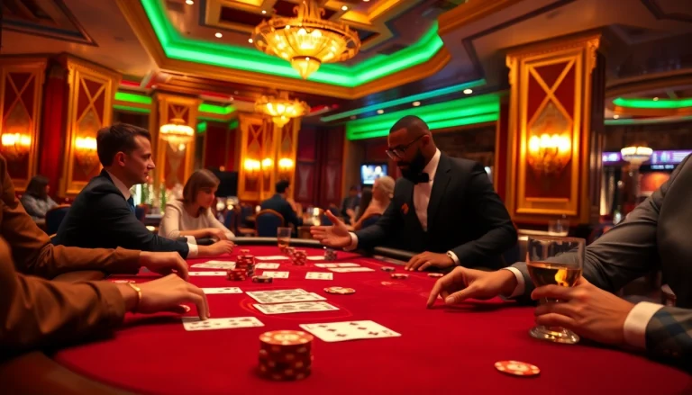 Engaging players enjoying Blackjack Casino at a luxurious table, vibrant atmosphere and high-quality elements.