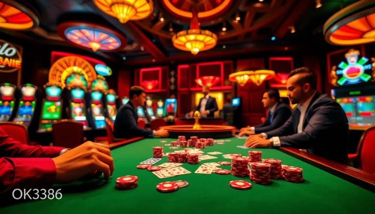 Engaging casino image with OK8386 theme, featuring players at a vibrant poker table.