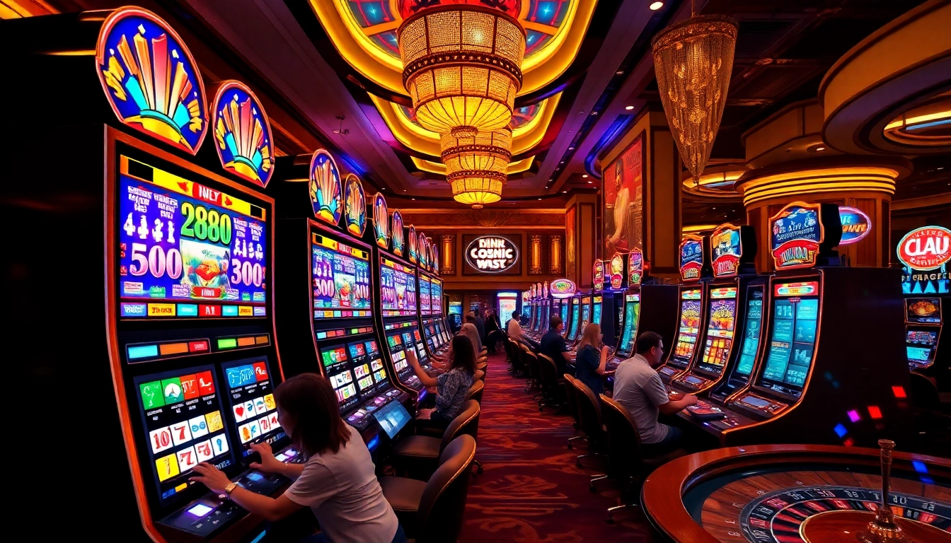 Engaging players at a 슬롯사이트 surrounded by colorful slot machines and chips.