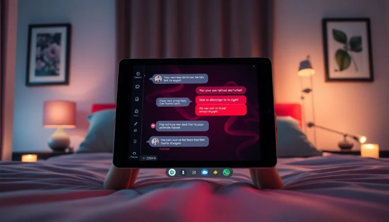Engaging AI sexchat interface on modern tablet in a cozy bedroom setting.