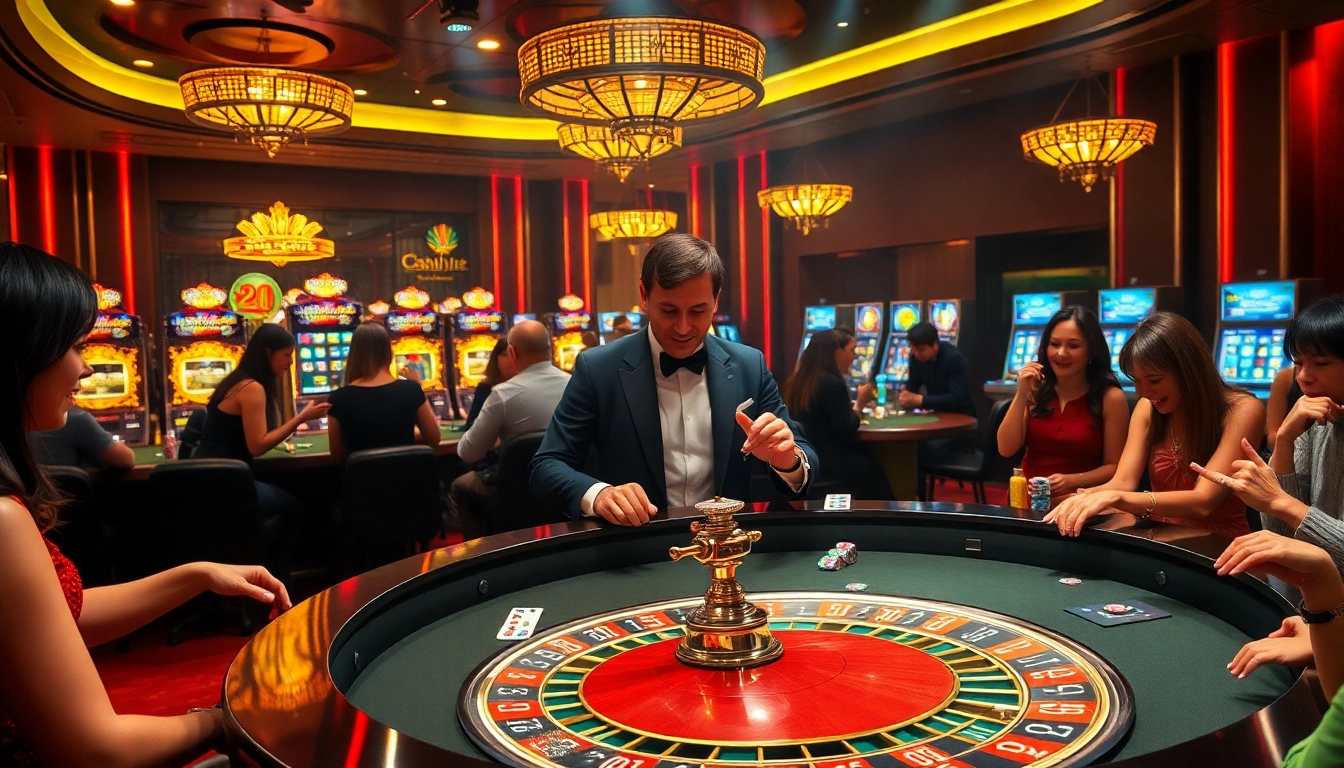 Experience the excitement of gambling at lc88.com with players engaging at a luxurious casino table.
