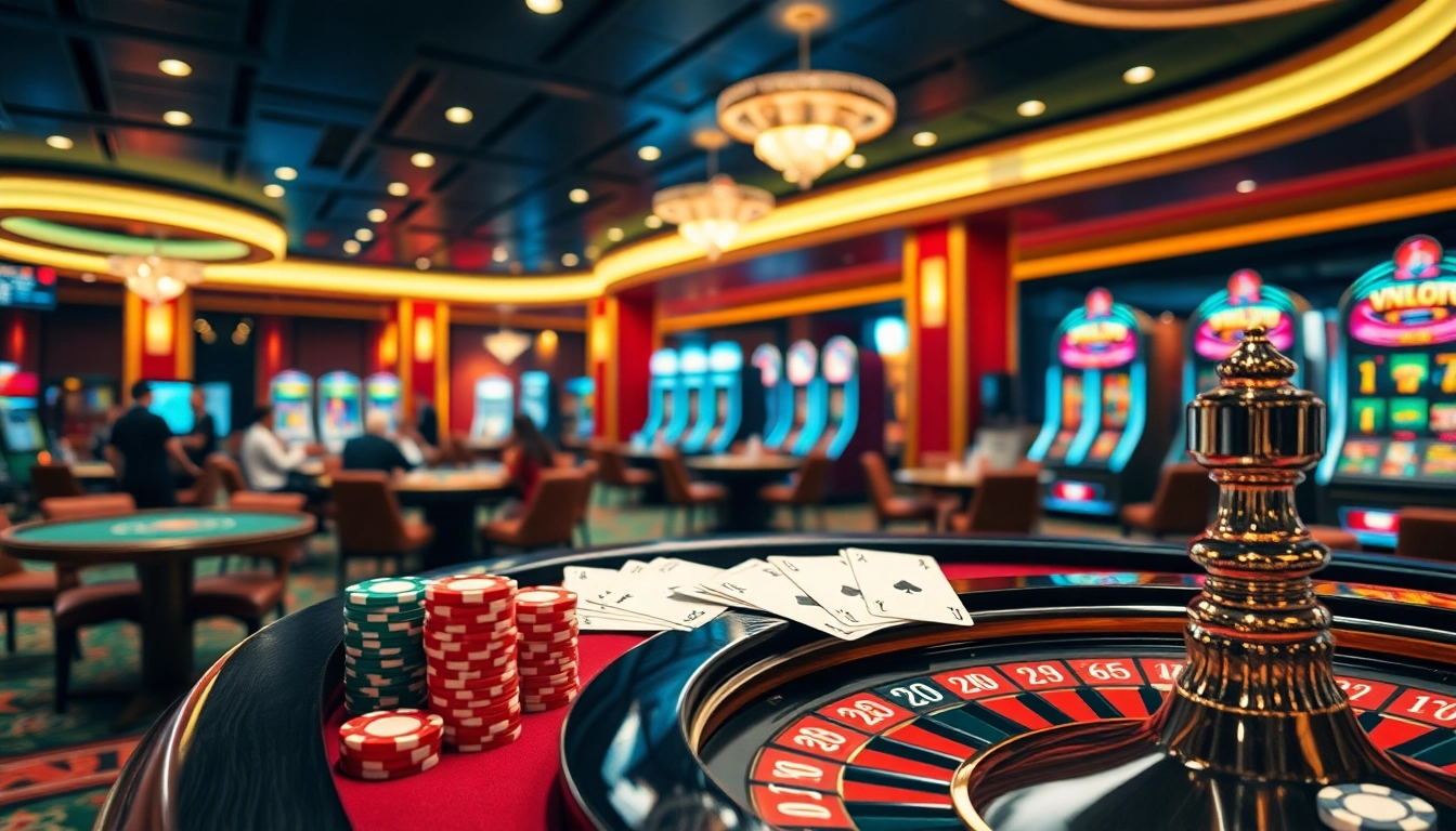 Engaging casino scene with VNLOTO branding, featuring exciting games like roulette and poker.
