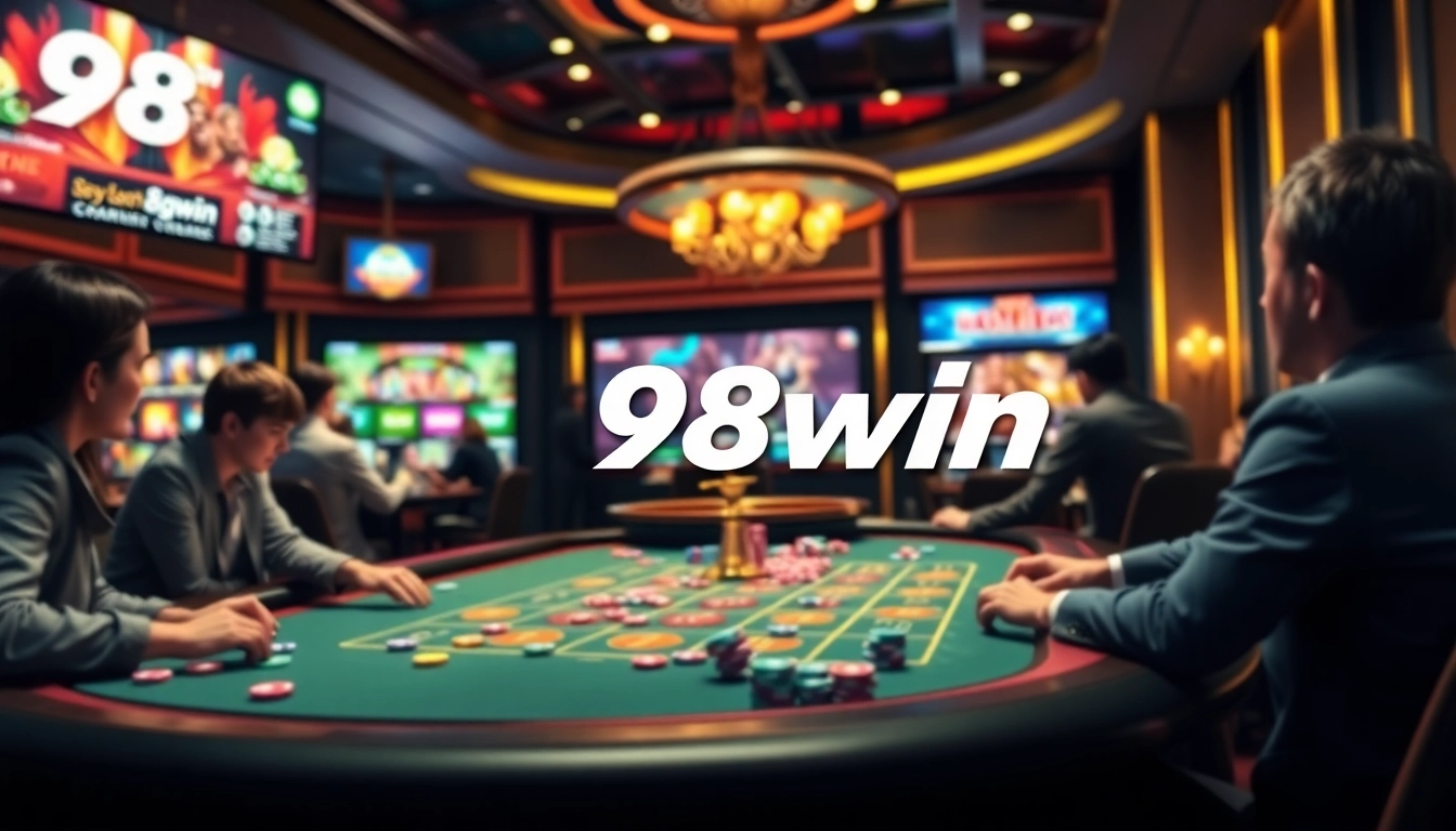 Players enjoying an exciting game of poker at 98win’s online casino, showcasing vibrant colors and rich gaming experience.