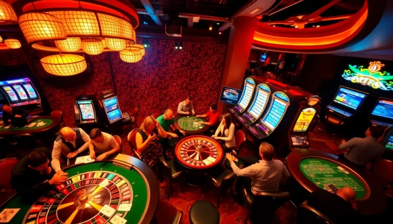 Players enjoying various casino games like poker and slots at 789bet's vibrant gaming tables.