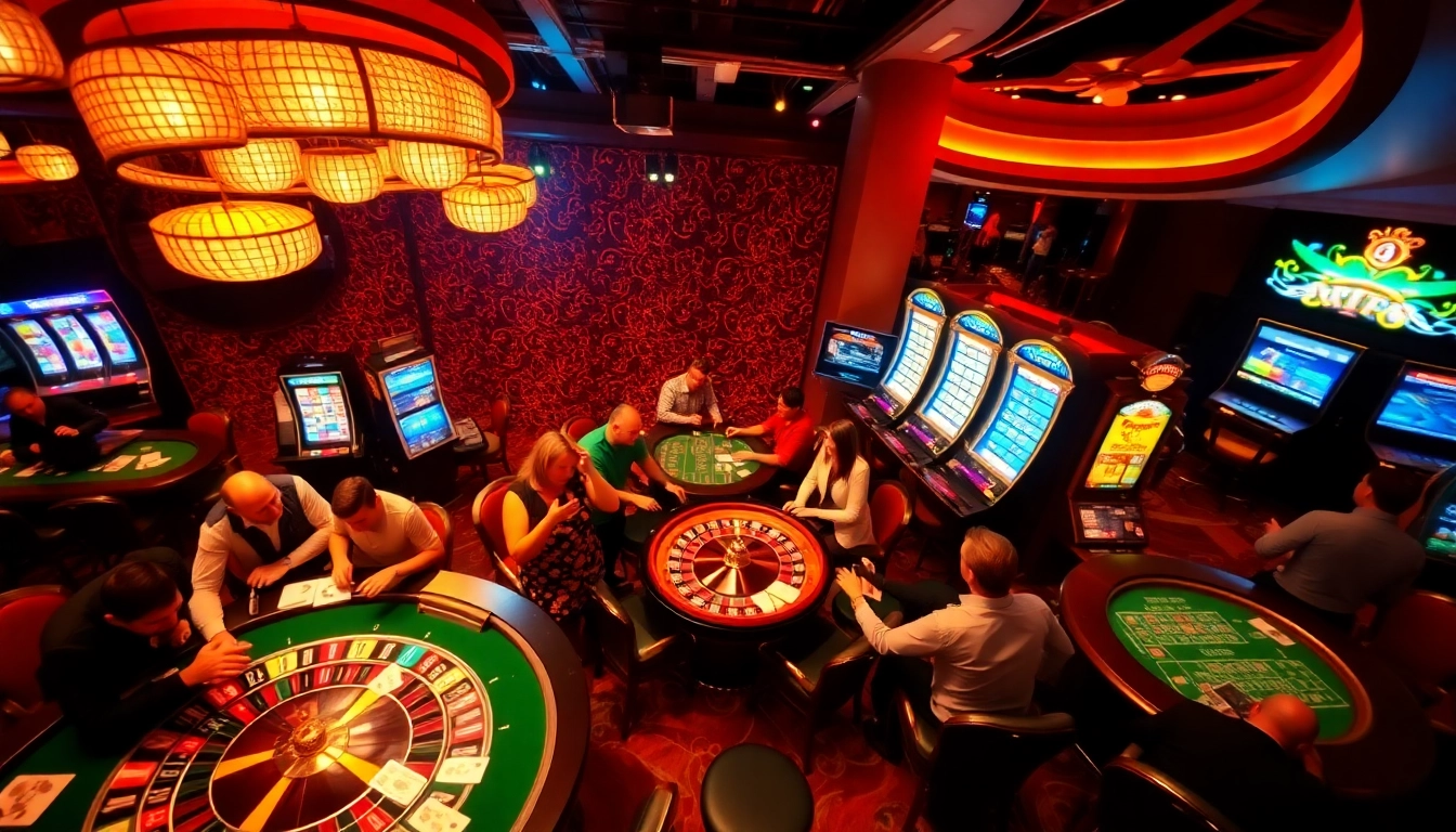 Players enjoying various casino games like poker and slots at 789bet's vibrant gaming tables.