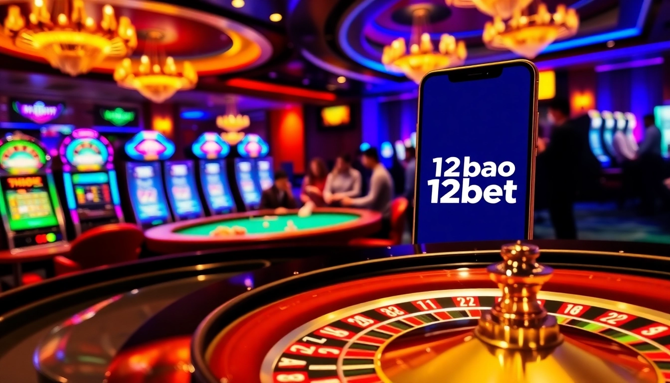 Engaging gamblers with an interactive scene featuring 'ink vao 12bet' mobile interface and lively casino elements.