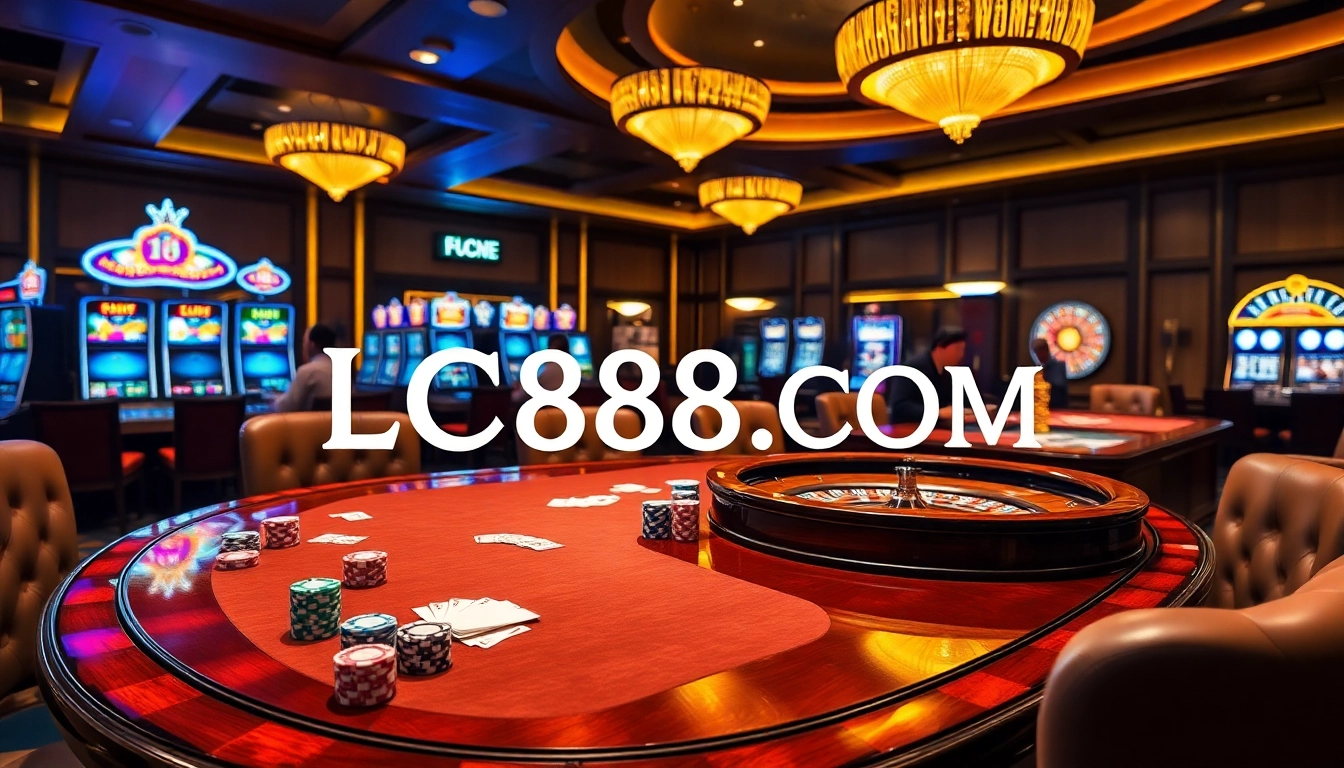 Engaging players at a luxurious casino table featuring the LC88.COM logo and vibrant gaming elements.