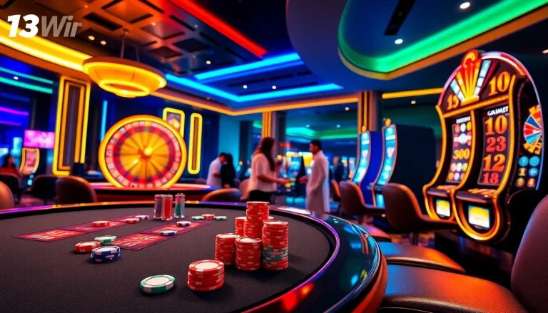 Exciting casino action at 13Win, featuring vibrant poker tables and spinning roulette wheels.